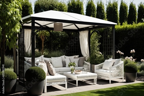 A verandah with modern garden furniture is shown. Generative AI