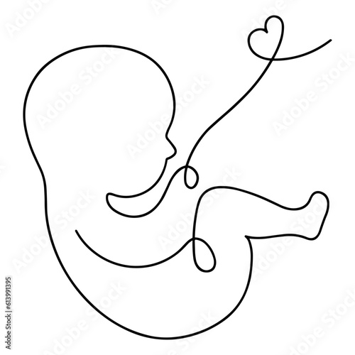 Vector illustration (sketch) in the form of one line without a background - a baby in the womb with an umbilical cord. The state of pregnancy, the emotion of motherhood and love for the child.
