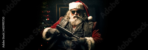 Gangster Santa Unleashed: Badass Claus Holding an Automatic Gun, Sporting Shades - An Unconventional Christmas Twist.