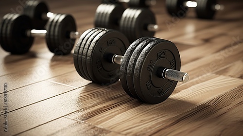 Photo dumbbells on the floor in concept fitness Generative AI