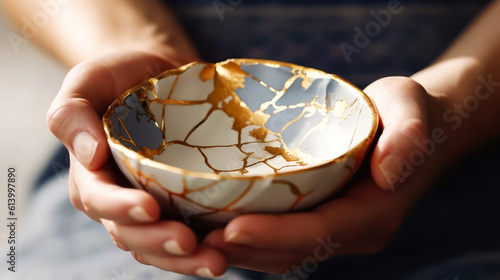 White porcelain bowl with kintsugi method in Female hands. Antique pottery restored with gold cracks. Traditional Japanese gold fixing method. Wabi sabi concept. Sunlights. Generative AI