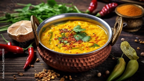 Indian dal food. Traditional Indian soup lentils. Indian Dhal spicy curry in a bowl, Delicious Dal Tadka recipe wooden background