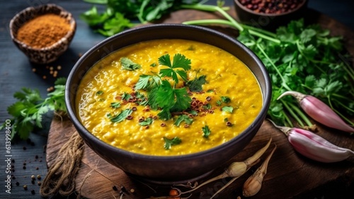 Indian dal food. Traditional Indian soup lentils. Indian Dhal spicy curry in a bowl, Delicious Dal Tadka recipe wooden background