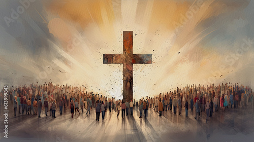 Many people around the cross, christian concept, modern painting, generative ai