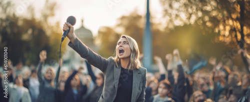 Female activist angry shouting for her cause among people demonstration protester as wide banner with copy space area - generative AI