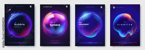 Poster collection with abstract colorful gradient sphere. Glowing vibrant liquid gradient shape on dark background. Design template for flyer, social media, banner, placard. Vector illustration