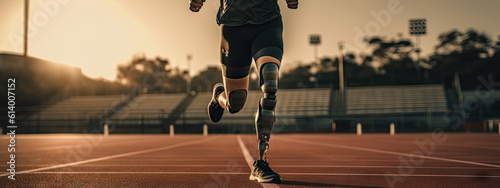 A man with prosthetic leg running, poster with copy space - Fictional Person, Generative AI