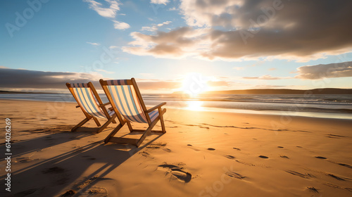 Generative AI Empty chairs on sandy beach at sunrise or sunset - relaxation concept