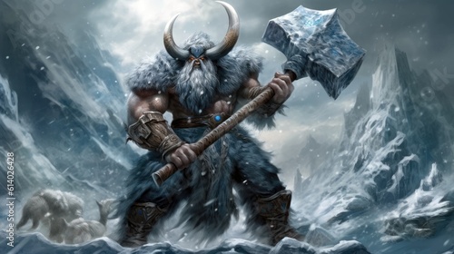 A frost giant barbarian who wields an enormous battle axe.