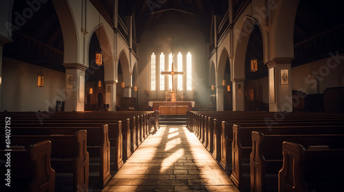 Generative AI Horizontal image of empty old church with altar and wooden seats for different ceremonies