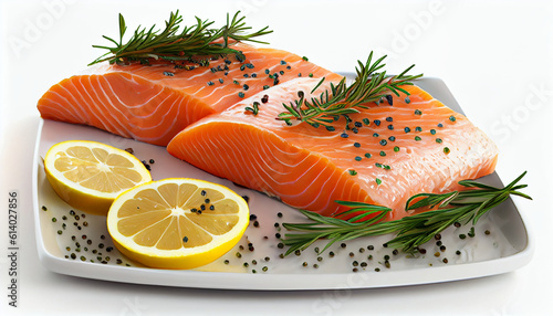 Raw fresh Pacific salmon fillets garnished Ai generated image