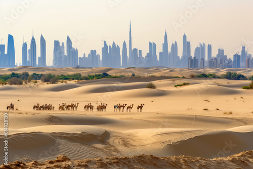 Generative AI View from above, stunning aerial view of an unidentified person walking on a deserted road covered by sand dunes with the Dubai Skyline in the background. Dubai, United Arab Emirates.