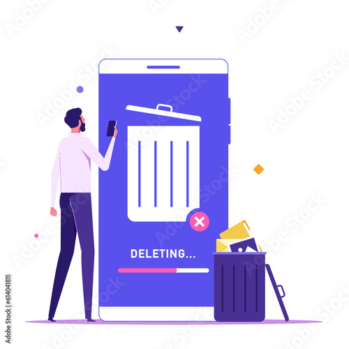 Concept of delete file, cleaning smartphone, removing process. Man cleaning phone, smartphone with trash can sign. User removing files or documents to waste bin