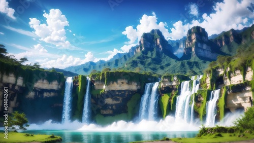a painting of a waterfall with a blue sky and clouds above it and a lake below it and a mountain in the background
