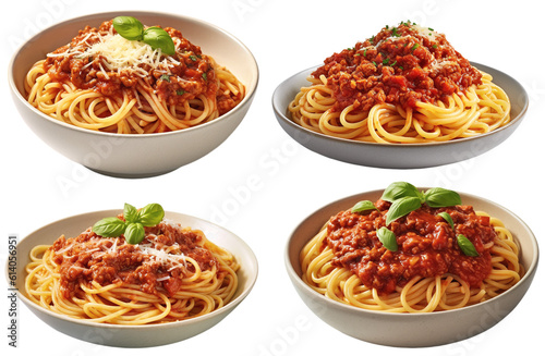 Collection of plates of spaghetti with bolognese sauce, side view on a transparent background, Generative AI