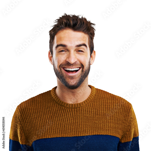 Man, laughing and portrait with funny joke isolated on a transparent, png background. Happy, smile and young male person with comedy and modern jersey with fashion and crazy humor feeling goofy