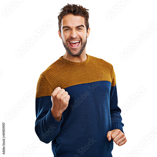 Portrait, success and man winner with fist pump on isolated, transparent and png background. Face, wow and male person with hands in celebration of good news, sale or deal, announcement or promotion