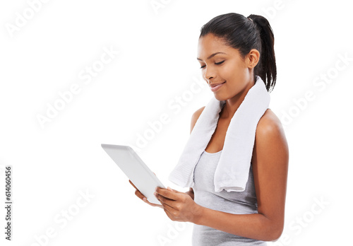 Isolated woman, tablet and workout with fitness video, focus or reading article by transparent png background. Girl, model and personal trainer with touchscreen for wellness, advice and social media