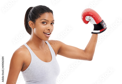 Isolated boxing woman, flexing and portrait with smile, sport or fitness by transparent png background. Happy boxer girl, martial arts athlete and strong arms for fight contest, exercise or workout