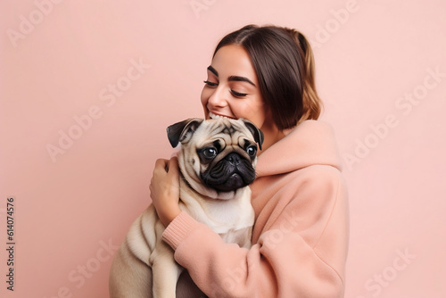 Young happy woman holding pug dog in front of one colored studio background. 