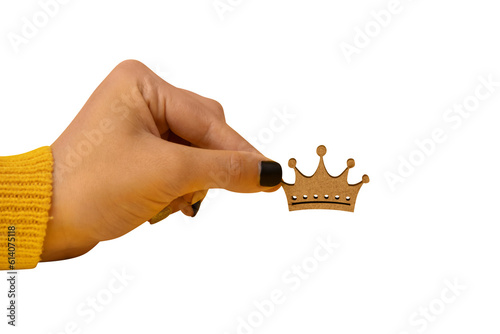 wooden crown in hand isolated on transparent background, concept for king , queen power.