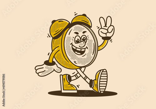 Mascot character design of a alarm clock is walking happily