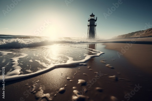 Sea beach sand lighthouse. Generate Ai