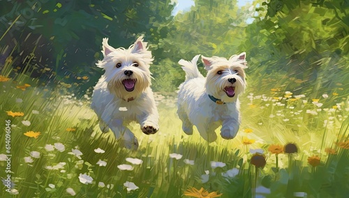 two dogs running across the grass in the park