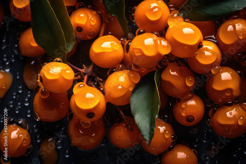 Top view close-up of fresh orange buckthorn with leaves in drops of juice on black background. Sea Berry wallpaper, fresh buckthorns banner. Generative AI professional photo imitation.