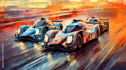 three racing cars on the track image in the style of abstract impressionism. Generative Ai. 