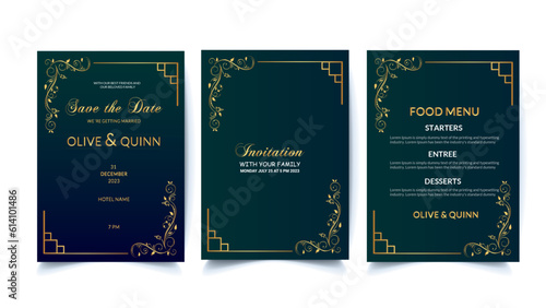 Luxury wedding invitation card background with golden line art 