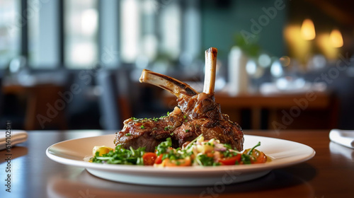 Generative AI image of a mouthwatering serving of lamb shank, tender and succulent, accompanied by aromatic herbs and a rich, savory sauce.