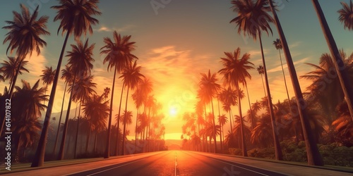 AI Generated. AI Generative. Amrican miami california road trip with palms. Adventure travel vacation vibe. Graphic Art