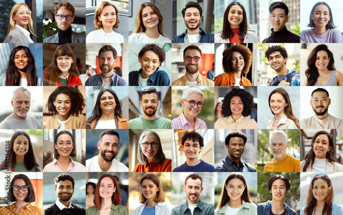 Collage portrait of multiracial smiling different business people. A lot of happy modern people faces in mosaic collection. Successful business, career, diversity concept 