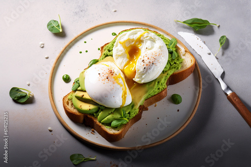 A piece of toast topped with avocado and poached eggs, generative AI
