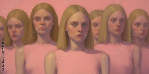 group of identical serious, blonde women doppelgängers wearing pink, painting made with generative ai 