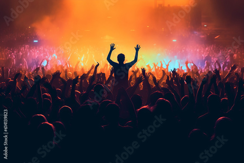 Crowd silhouettes cheering during a music concert
