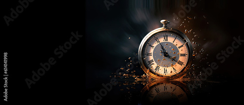 An old pocket watch with floating particles symbolizing the passing of time against a black background. Time and countdown concept banner.