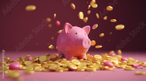 Golden coin flowing and dropping from heap to pink piggy bank for Money saving and deposit investment to get profit and dividend concept, generative ai
