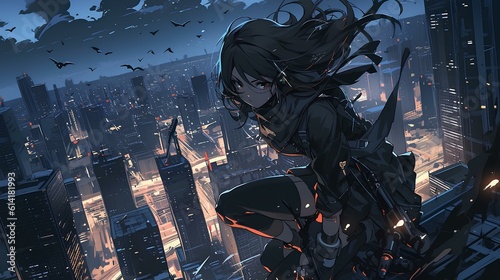 Action scene, breathtaking beautiful woman ninja leaps across building rooftop, bright light city skyscrapers background. japanese anime style. generative AI