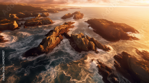 Serenity Unveiled: Awe-Inspiring Aerial View of a Rocky, Rugged Coastline at Sunset. Generative AI