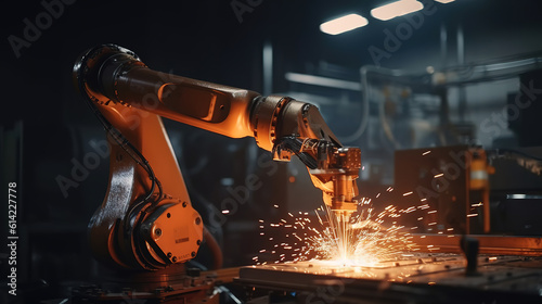 Hand of robot working steel welding building electronic machine in factory. Generative Ai