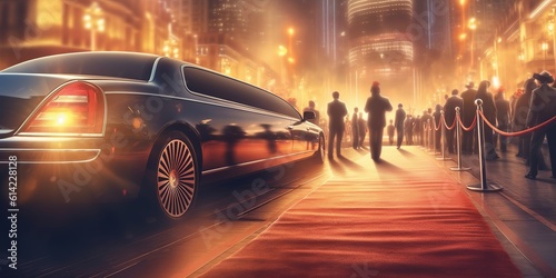 Vip people arriving limousine on sunshine background. Travel transport concept. Business success. Elegant luxury. Generative Ai