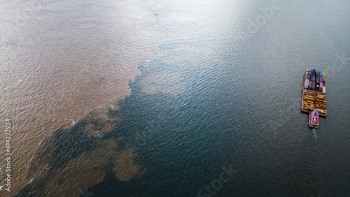 Water Confluence Between Tapajós and Amazon River in Brazil, Aerial Drone Fly Above Clearwater Source Stream