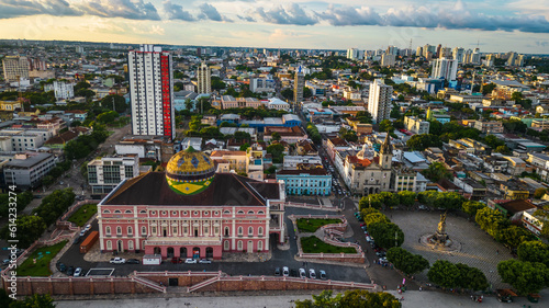 drone reveals Amazon Theater, Manaus Brazil Urban Landscape, Historical Landmark of Amazonas Largest City aerial 