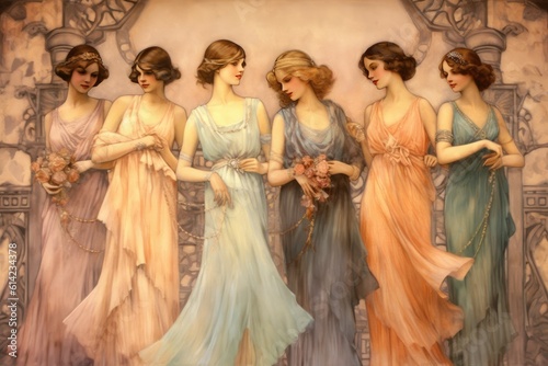 vintage illustration of six young women dressed in Gatsby-style 20s fashion.