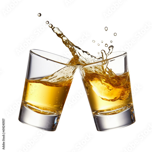 Glasses shot of tequila making toast with splash isolated on trasparent or white background, png