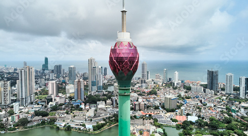 Aerial view of the main attraction, the Lotus Tower in the capital of Sri Lanka, Colombo. 