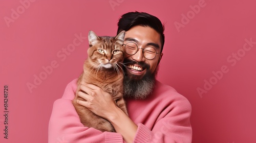 happy cat owner smiling holding his cat in arm, pink background, Generative Ai
