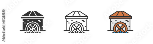 Wooden vintage watermill icon isolated. Millwheel symbol. Generator, renewable green energy, logo template, waterwheel, farm. Outline, flat and colored style. Flat design. Vector illustration
